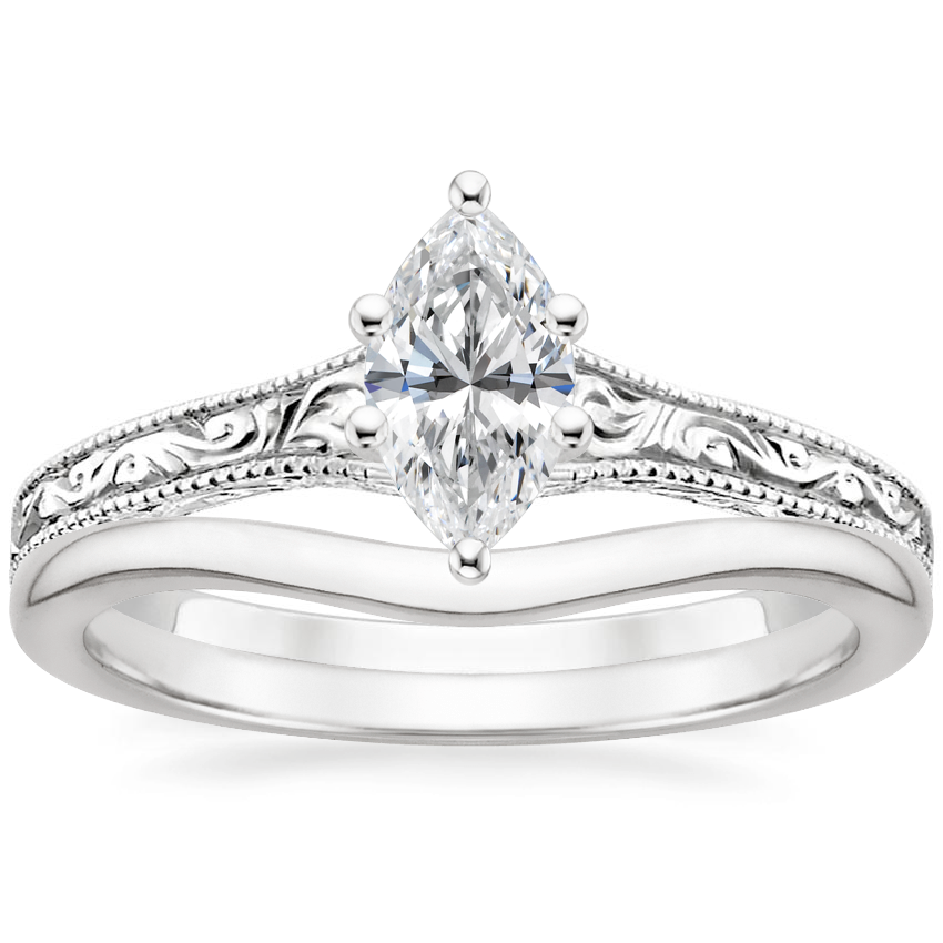 18K White Gold Hudson Ring with Petite Curved Wedding Ring